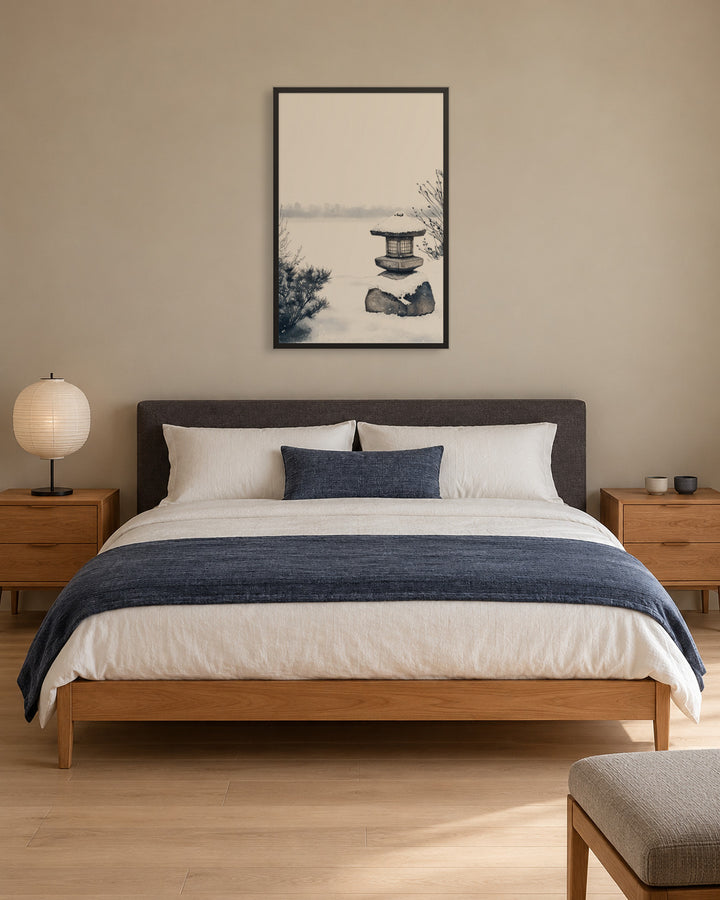 Snow Lantern in a Japandi bedroom, 24 × 36 in · Black frame