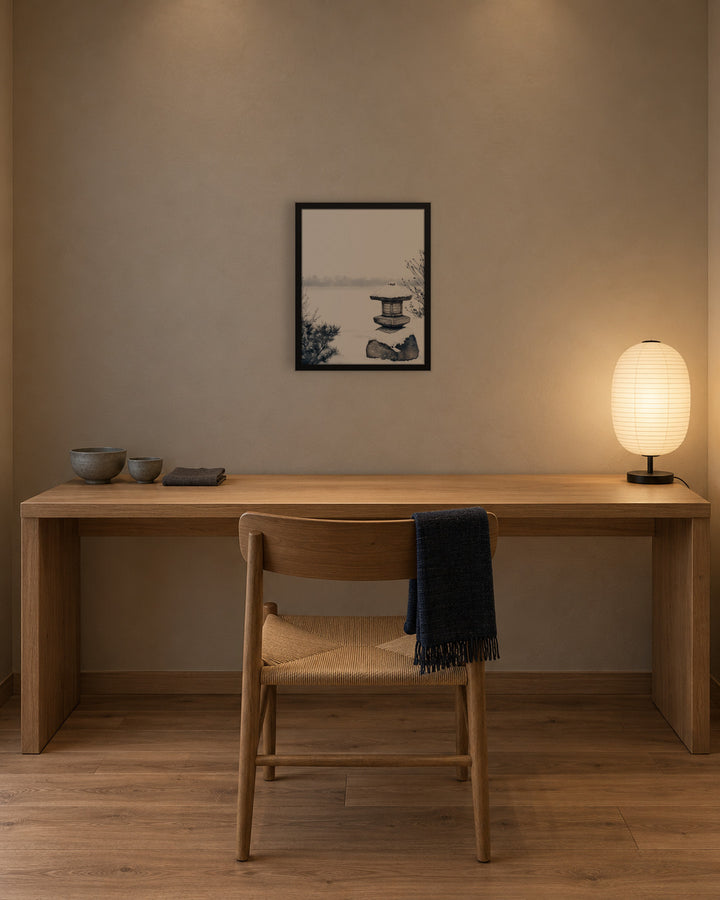 Snow Lantern in a Japandi home office, 16 × 20 in · Black frame