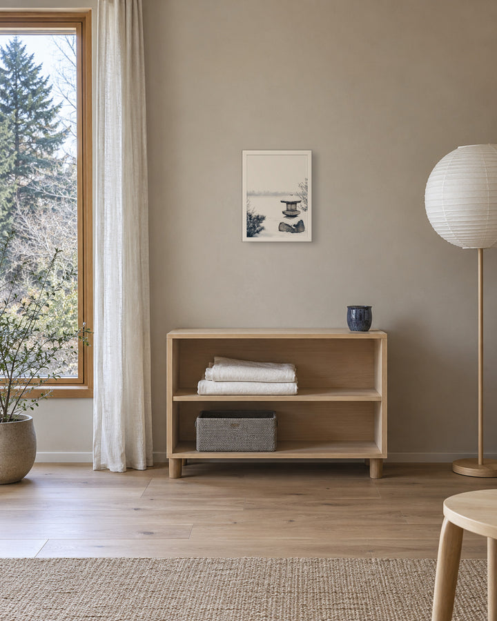 Snow Lantern in a Japandi living room, 12 × 16 in · White frame