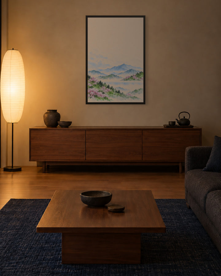 Spring Hills in Bloom in a Japandi living room, 24 × 36 in · Black frame