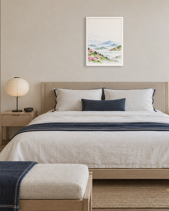 Spring Hills in Bloom in a Japandi bedroom, 18 × 24 in · White frame