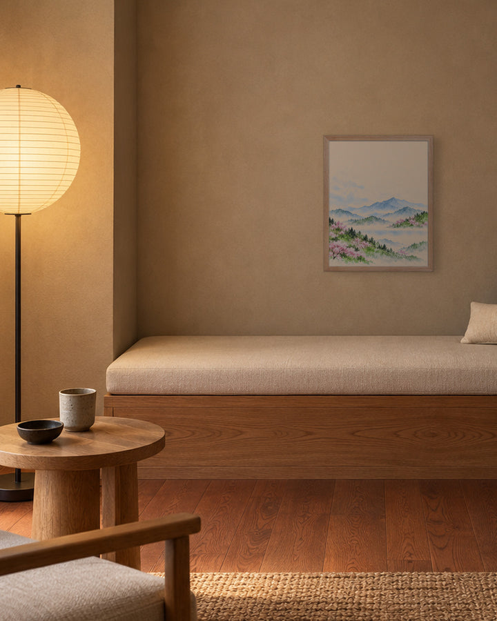Spring Hills in Bloom in a Japandi reading nook, 16 × 20 in · Natural frame
