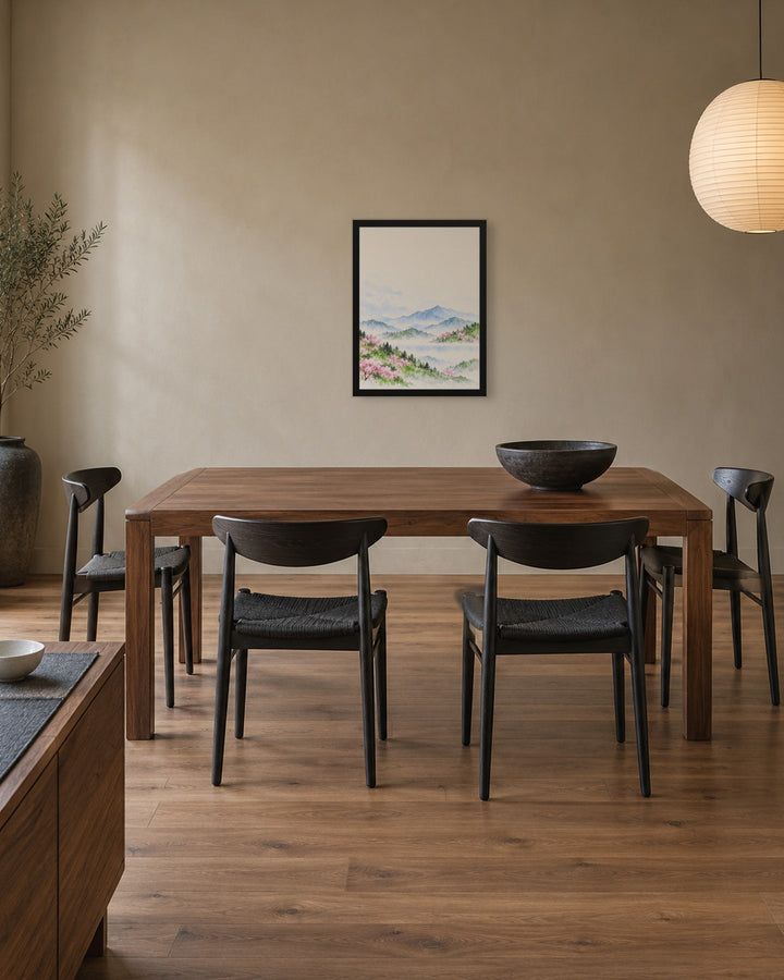 Spring Hills in Bloom in a Japandi dining room, 18 × 24 in · Black frame