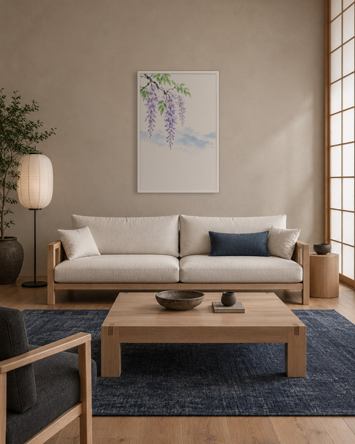 Spring Wisteria in a Japandi living room, 24 × 36 in · White frame