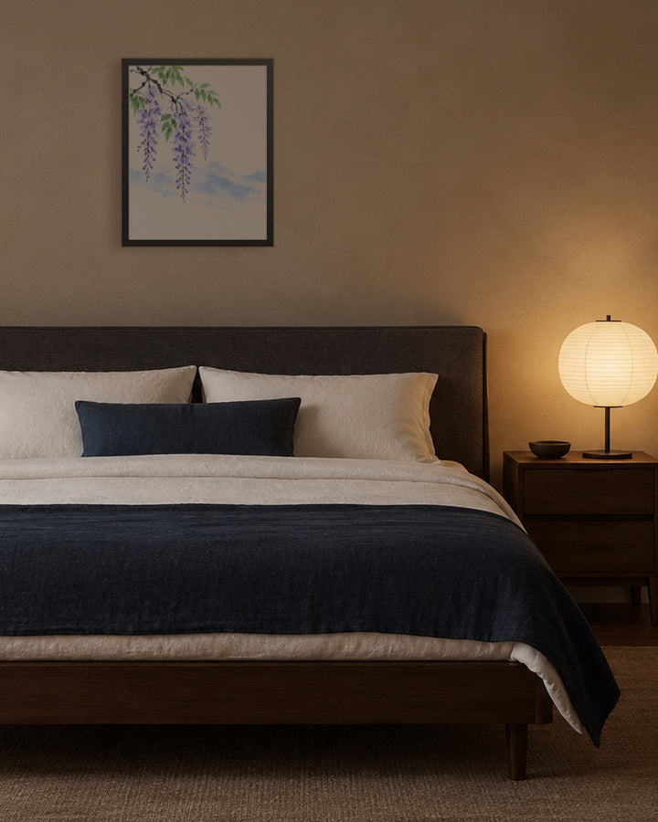 Spring Wisteria in a Japandi bedroom, 16 × 20 in · Black frame