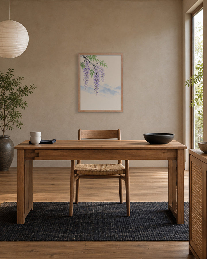Spring Wisteria in a Japandi study, 18 × 24 in · Natural frame