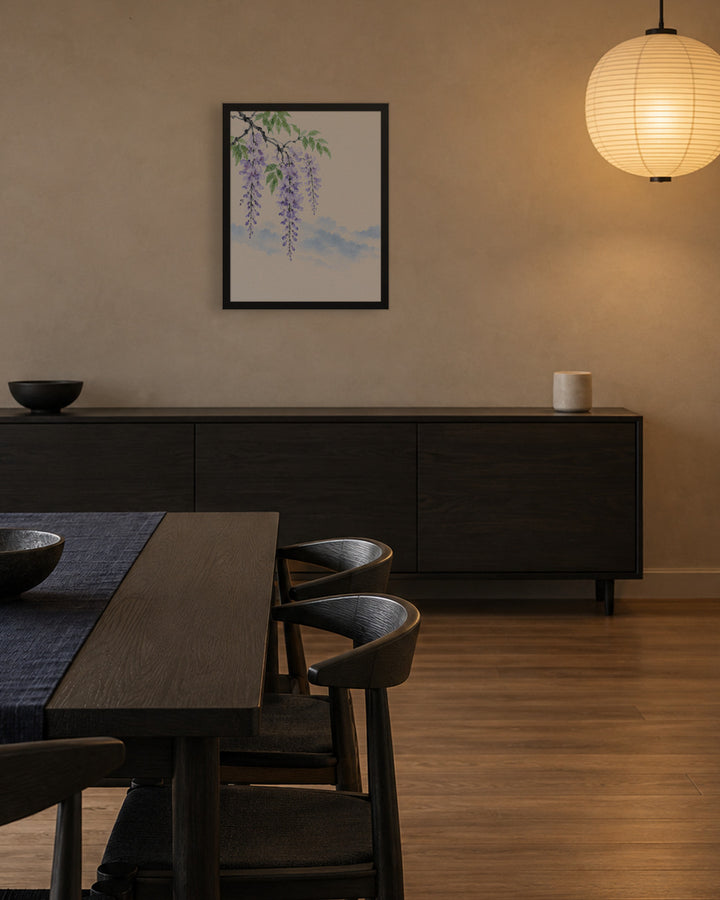 Spring Wisteria in a Japandi dining room, 16 × 20 in · Black frame