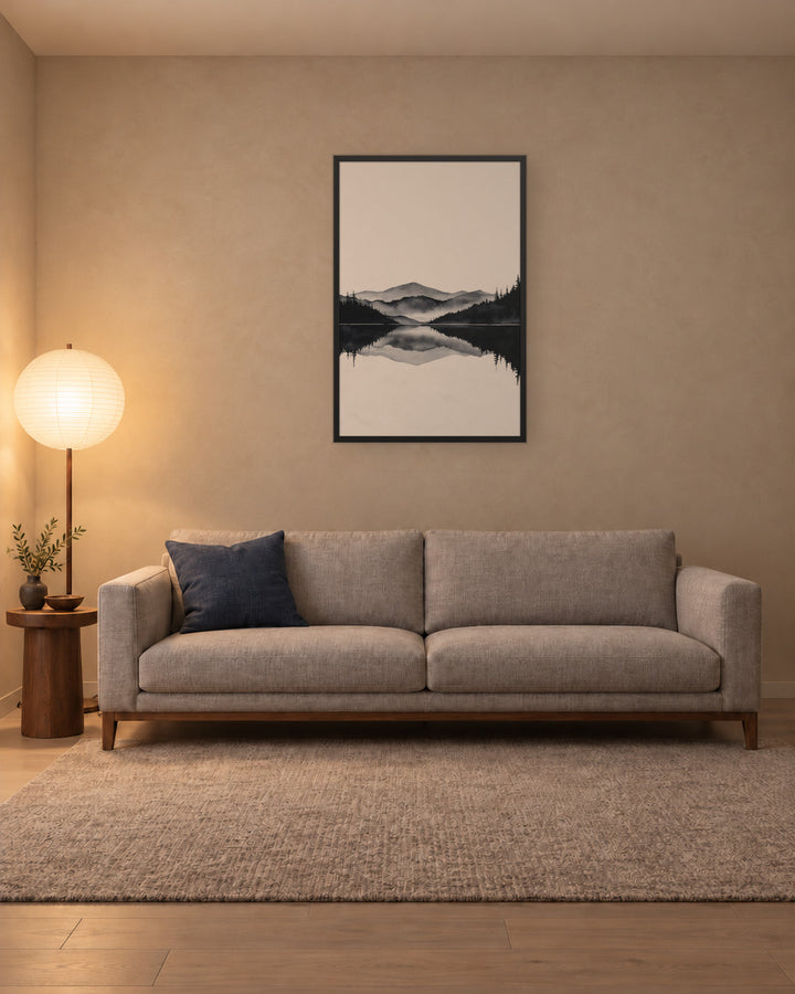 Still Water in a Japandi living room, 24 × 36 in · Black frame