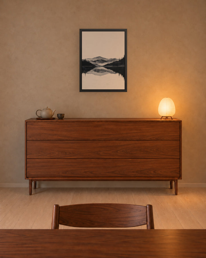 Still Water in a Japandi dining room, 18 × 24 in · Black frame