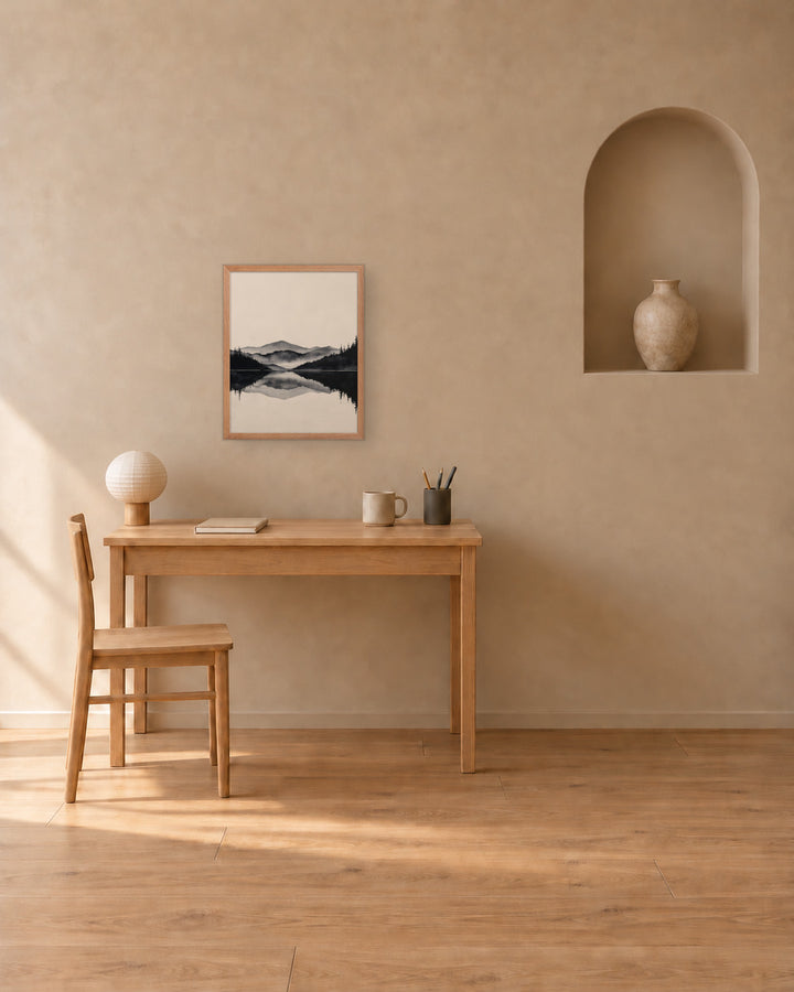 Still Water in a Japandi home office, 16 × 20 in · Natural frame