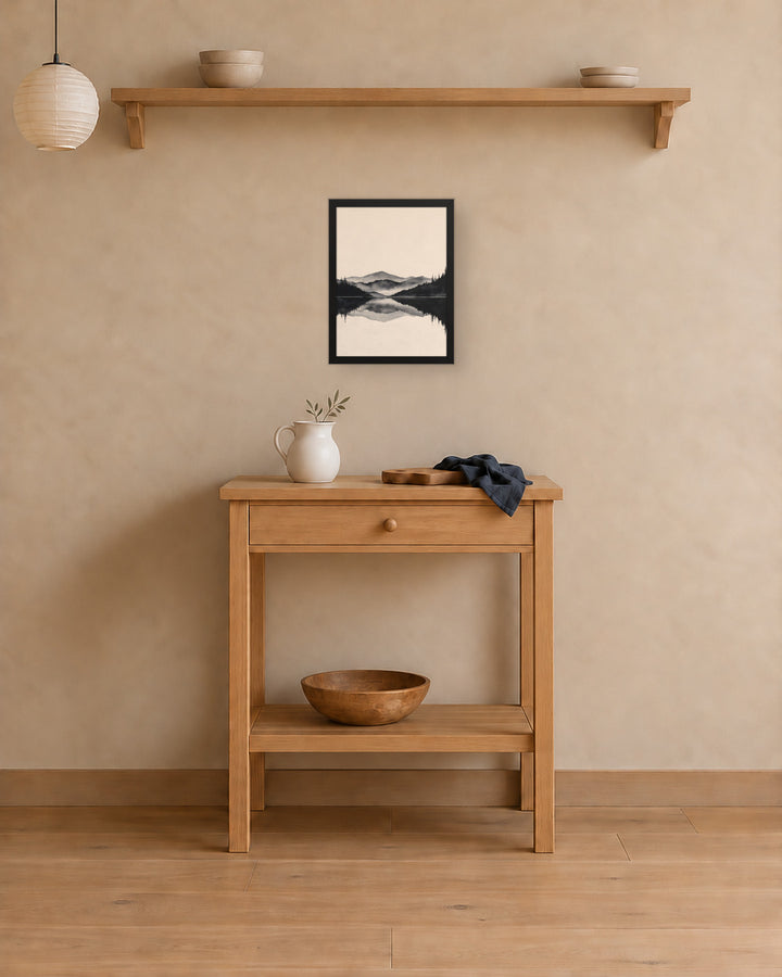 Still Water in a Japandi kitchen, 12 × 16 in · Black frame