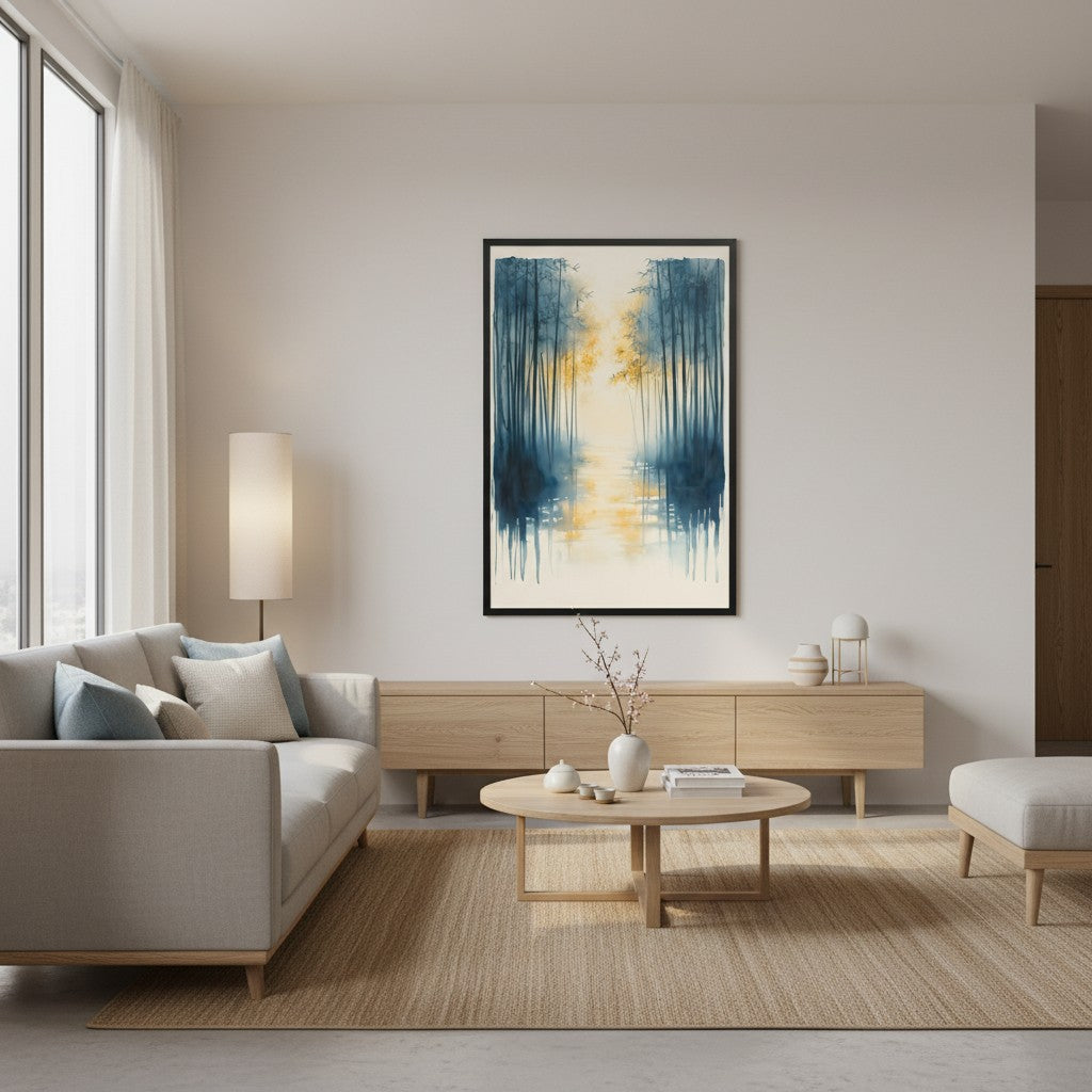 Morning Mist — Japandi komorebi wall art in a living room setting