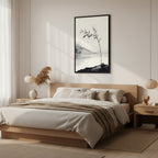 Bamboo in Wind — Japandi zen ink wall art in a bedroom setting