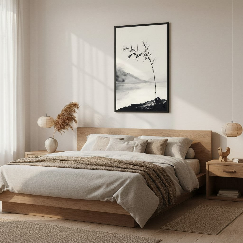 Bamboo in Wind — Japandi zen ink wall art in a bedroom setting
