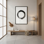 One Stroke — Japandi zen ink wall art in a hallway setting
