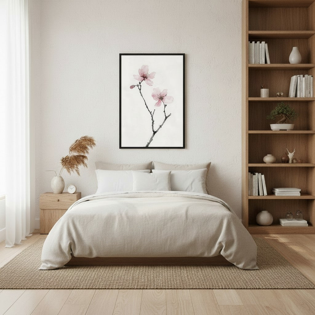 Cherry Absence — Japandi zen nature wall art in a bedroom setting