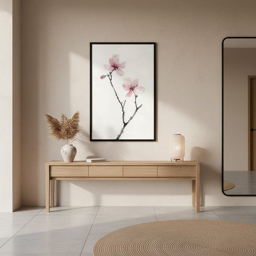 Cherry Absence — Japandi zen nature wall art in a hallway setting