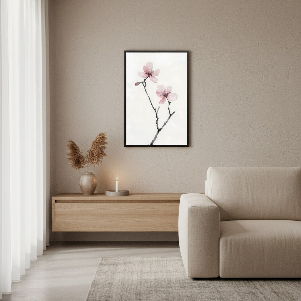 Cherry Absence — Japandi zen nature wall art in a living room setting
