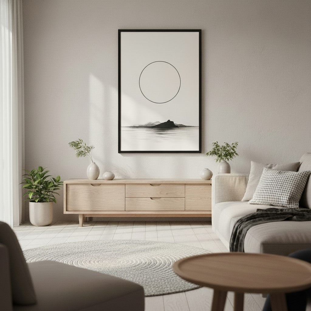 Circle and Space — Japandi ma wall art in a reading nook setting