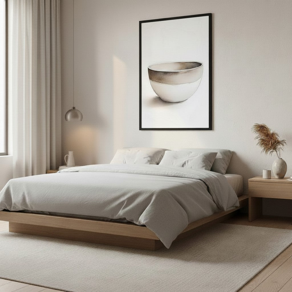 Clay Form — Japandi wabi-sabi wall art in a bedroom setting