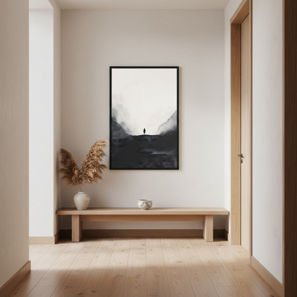 Distant Figure — Japandi ma wall art in a hallway setting