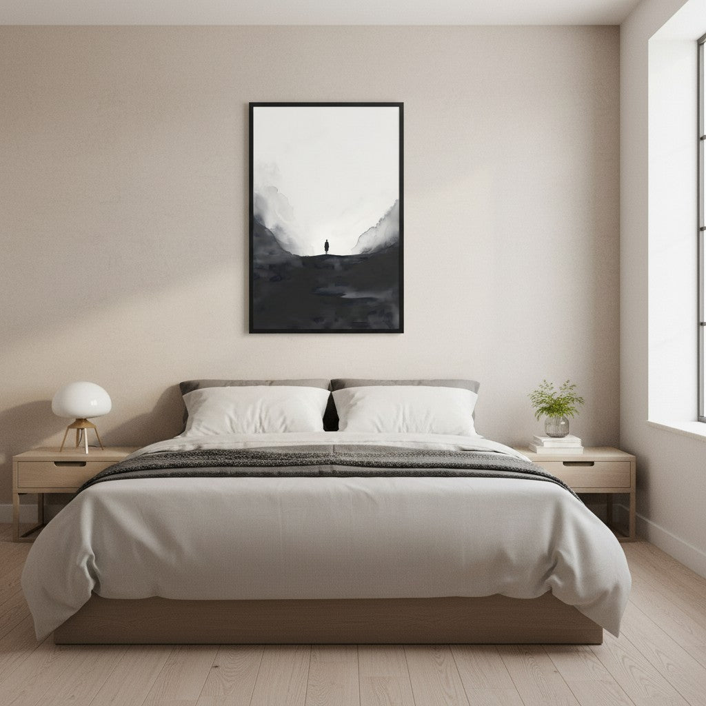 Distant Figure — Japandi ma wall art in a bedroom setting
