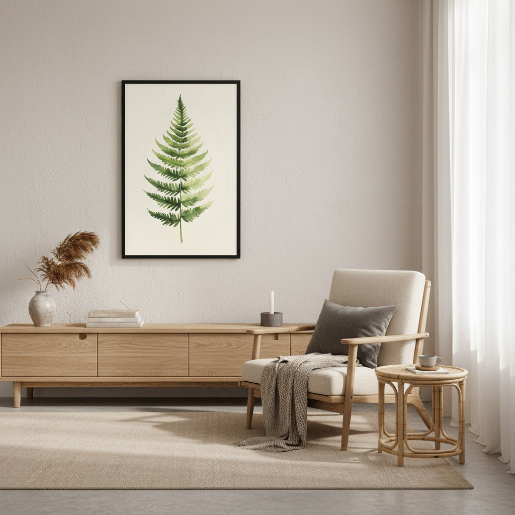Morning Fern — Japandi zen nature wall art in a living room setting