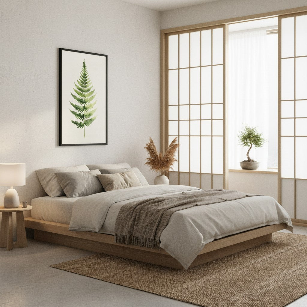 Morning Fern — Japandi zen nature wall art in a bedroom setting