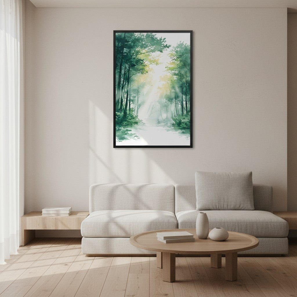 Forest Filter — Japandi komorebi wall art in a living room setting