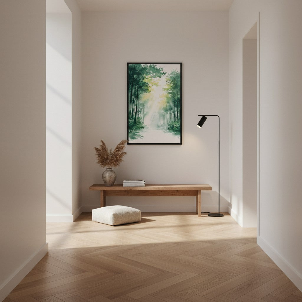Forest Filter — Japandi komorebi wall art in a hallway setting
