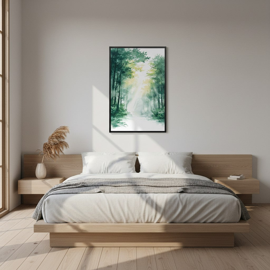 Forest Filter — Japandi komorebi wall art in a bedroom setting