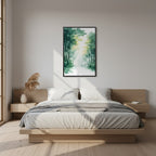 Forest Filter — Japandi komorebi wall art in a bedroom setting