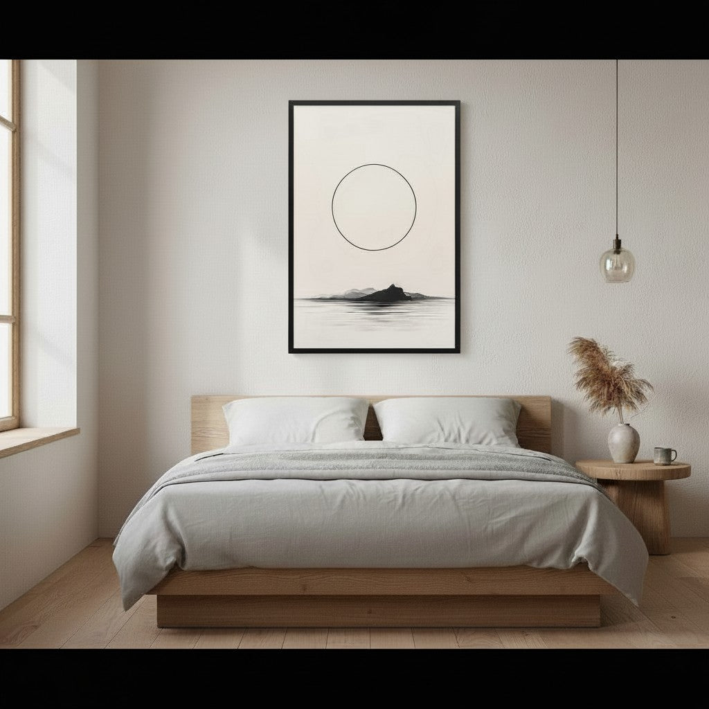 Circle and Space — Japandi ma wall art in a bedroom setting