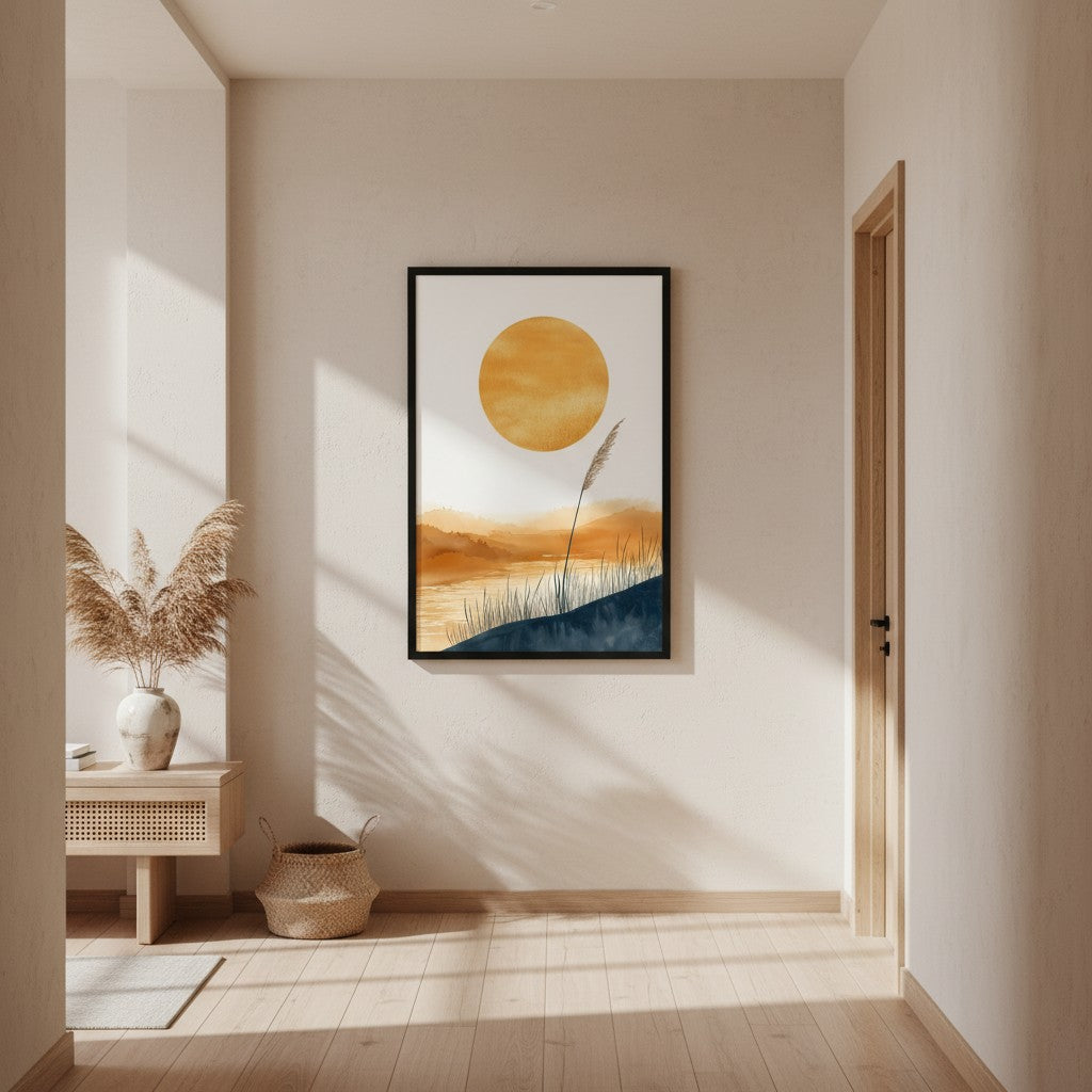 Golden Hour — Japandi komorebi wall art in a hallway setting