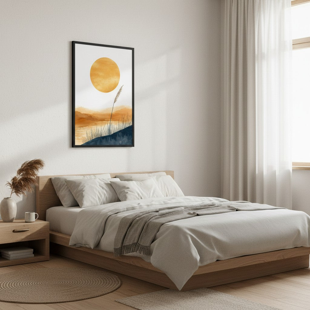 Golden Hour — Japandi komorebi wall art in a bedroom setting