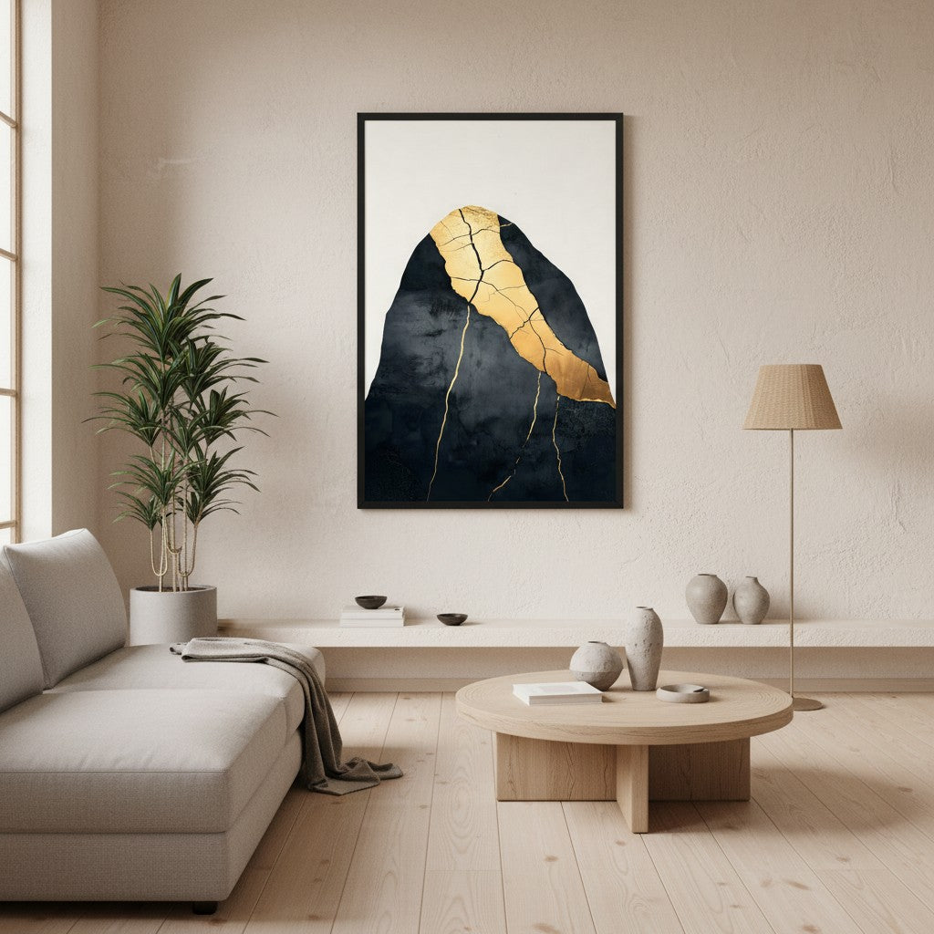 Kintsugi Lines — Japandi wabi-sabi wall art in a living room setting