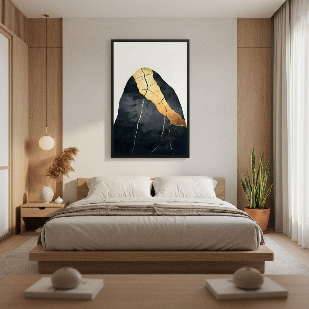 Kintsugi Lines — Japandi wabi-sabi wall art in a bedroom setting