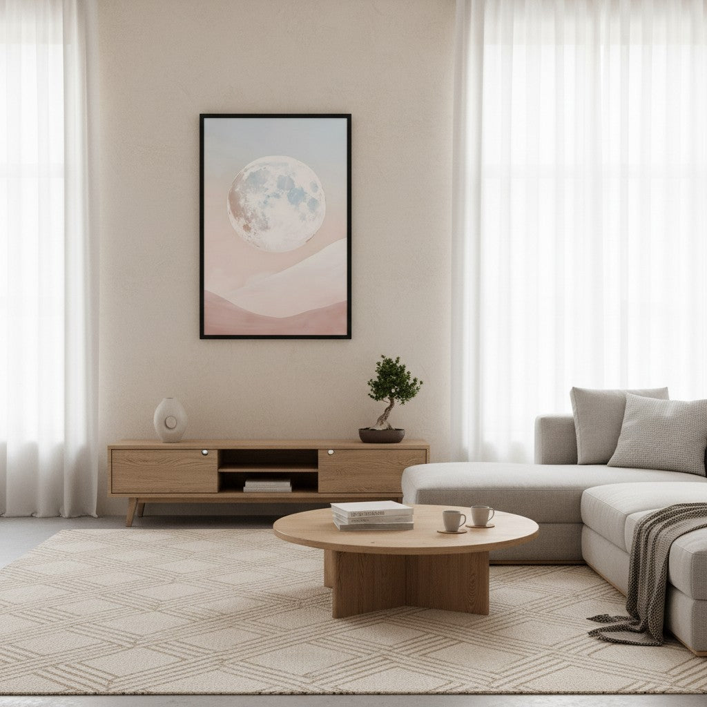 Moon — Japandi zen ink wall art in a living room setting