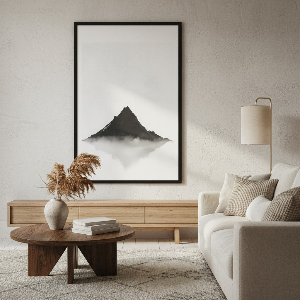 Mountain Breath — Japandi zen ink wall art in a living room setting