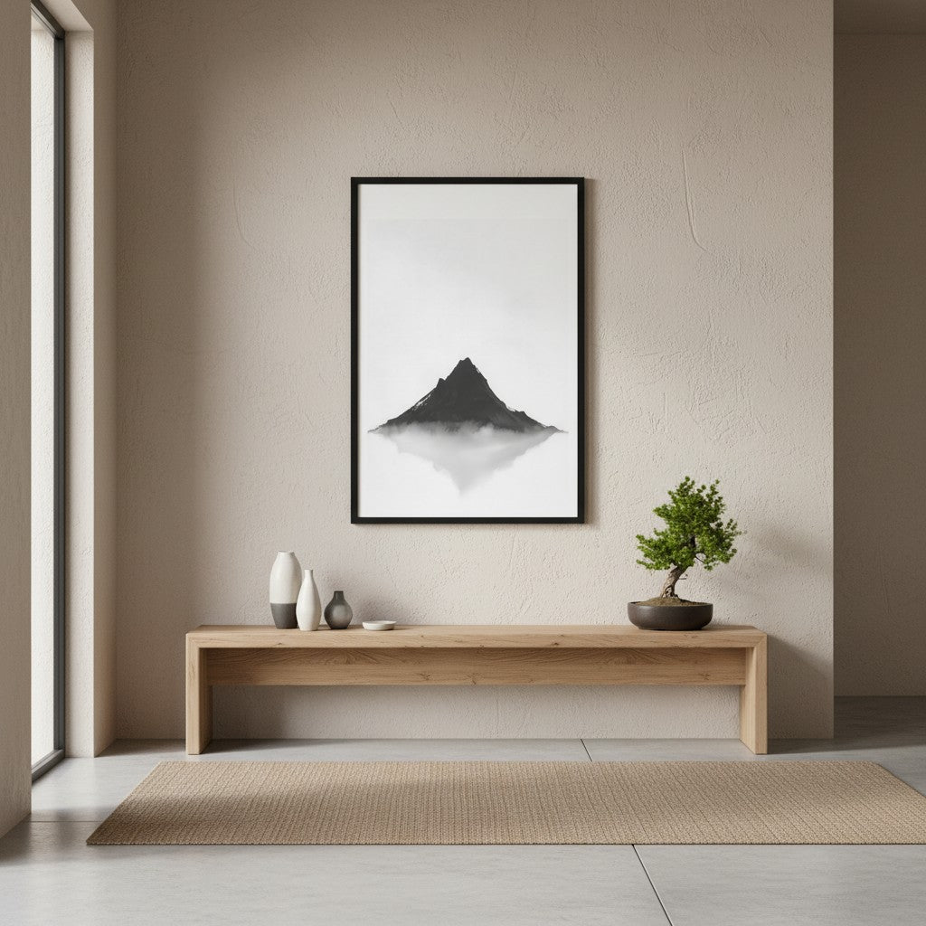 Mountain Breath — Japandi zen ink wall art in a hallway setting