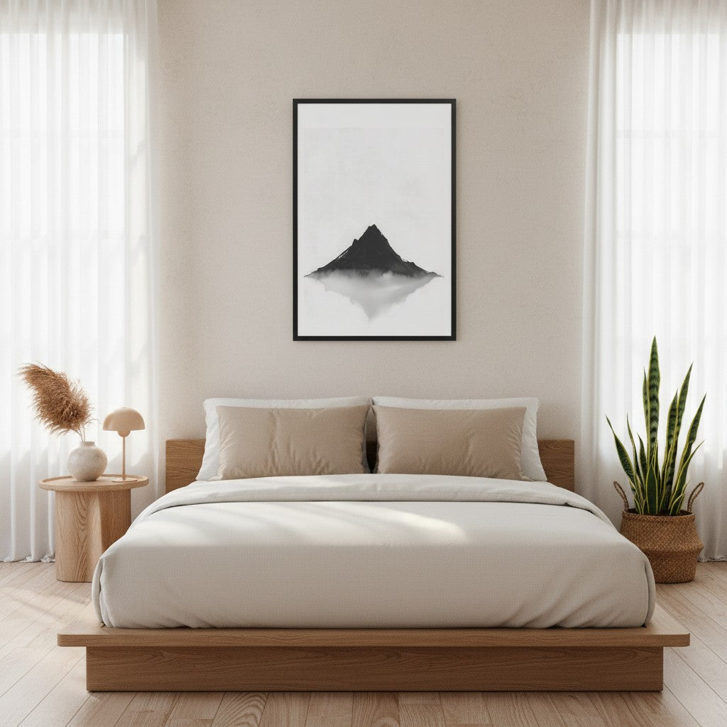 Mountain Breath — Japandi zen ink wall art in a bedroom setting