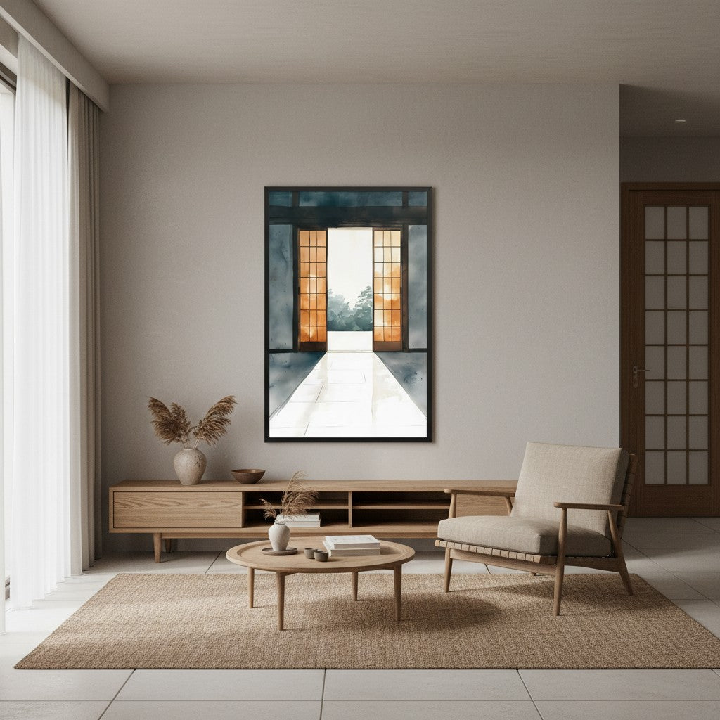Open Door — Japandi ma wall art in a living room setting