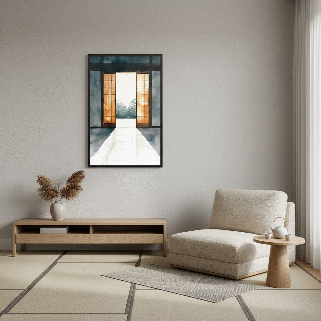 Open Door — Japandi ma wall art in a reading nook setting