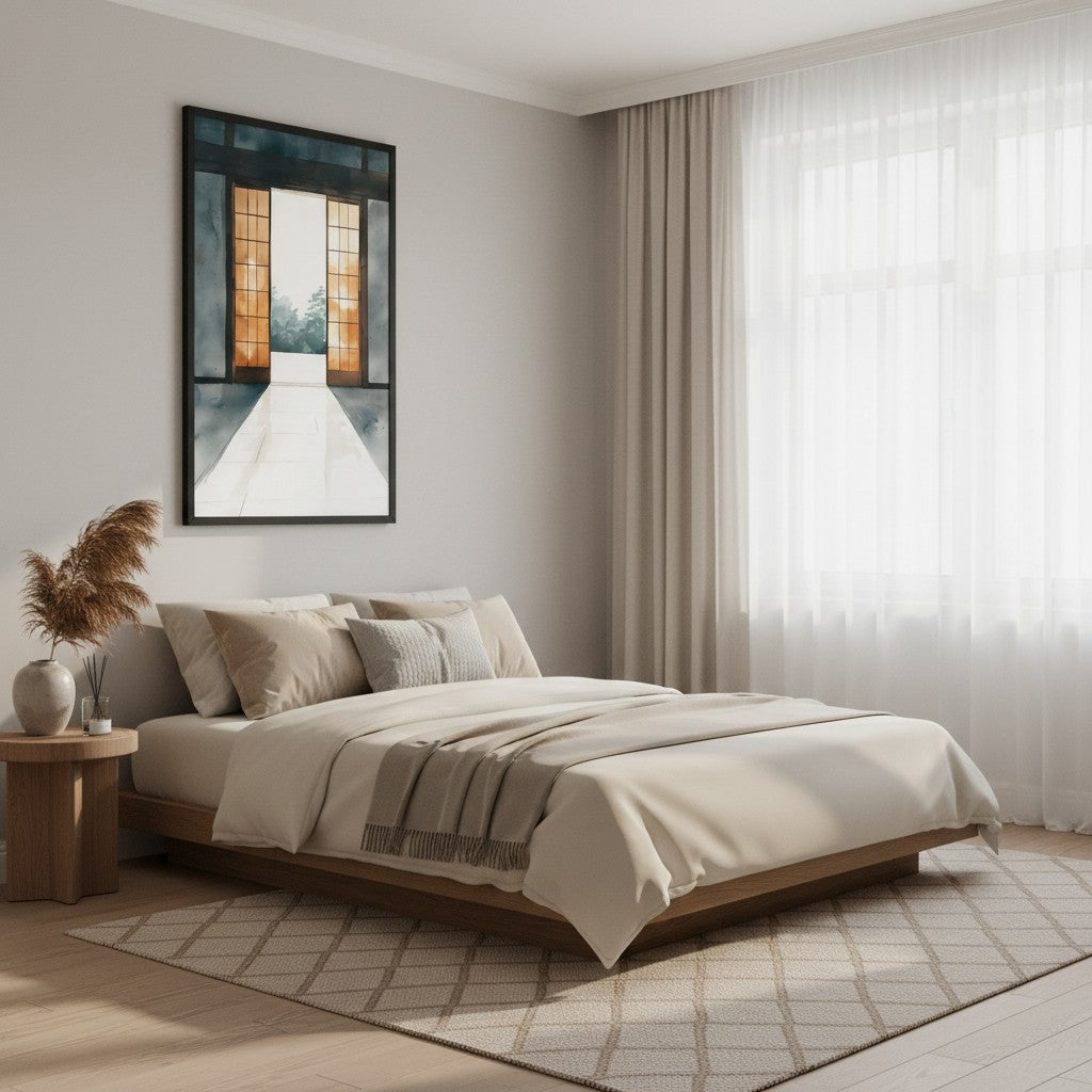 Open Door — Japandi ma wall art in a bedroom setting