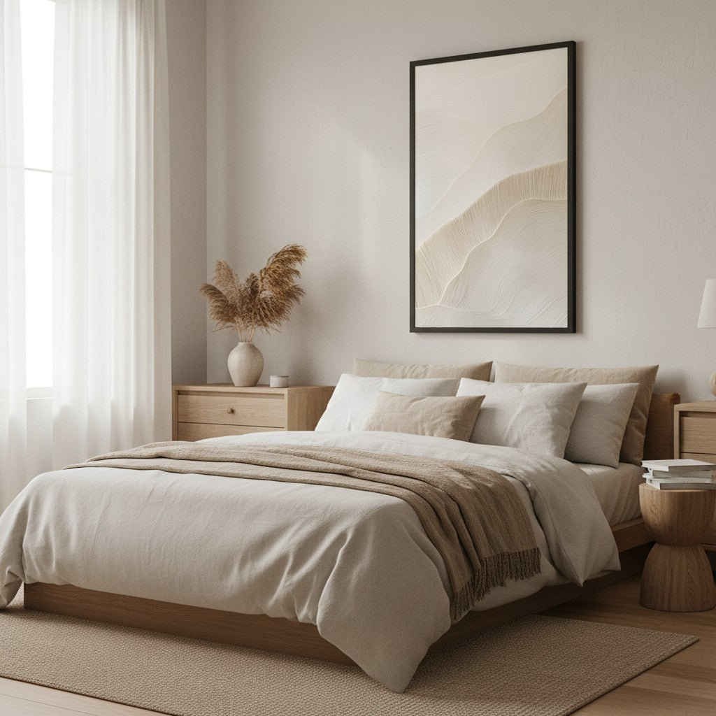 Paper Grain — Japandi wabi-sabi wall art in a bedroom setting