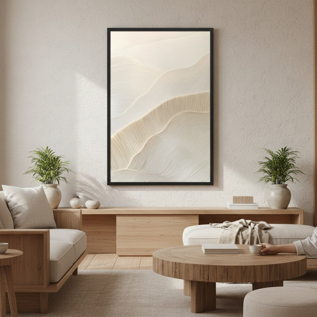 Paper Grain — Japandi wabi-sabi wall art in a living room setting