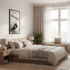 Pebble Garden — Japandi zen nature wall art in a bedroom setting