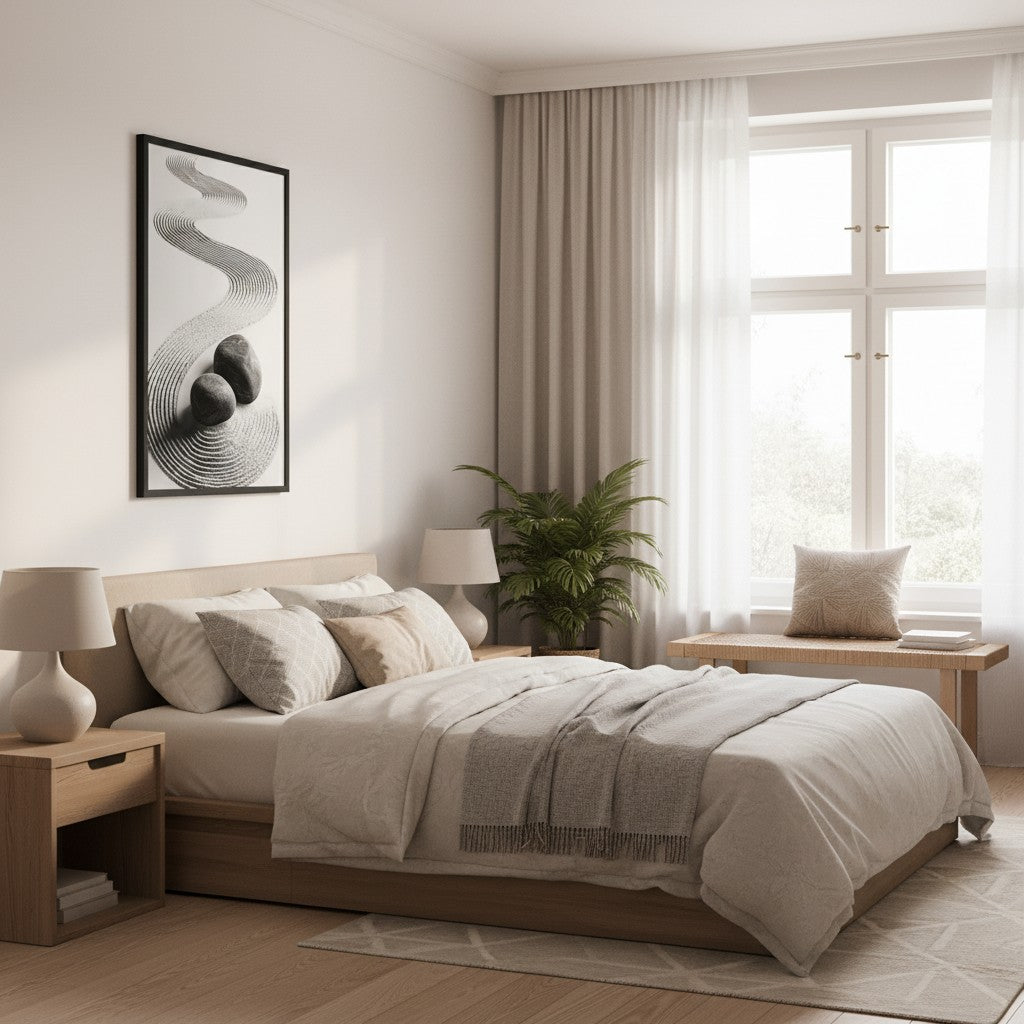Pebble Garden — Japandi zen nature wall art in a bedroom setting