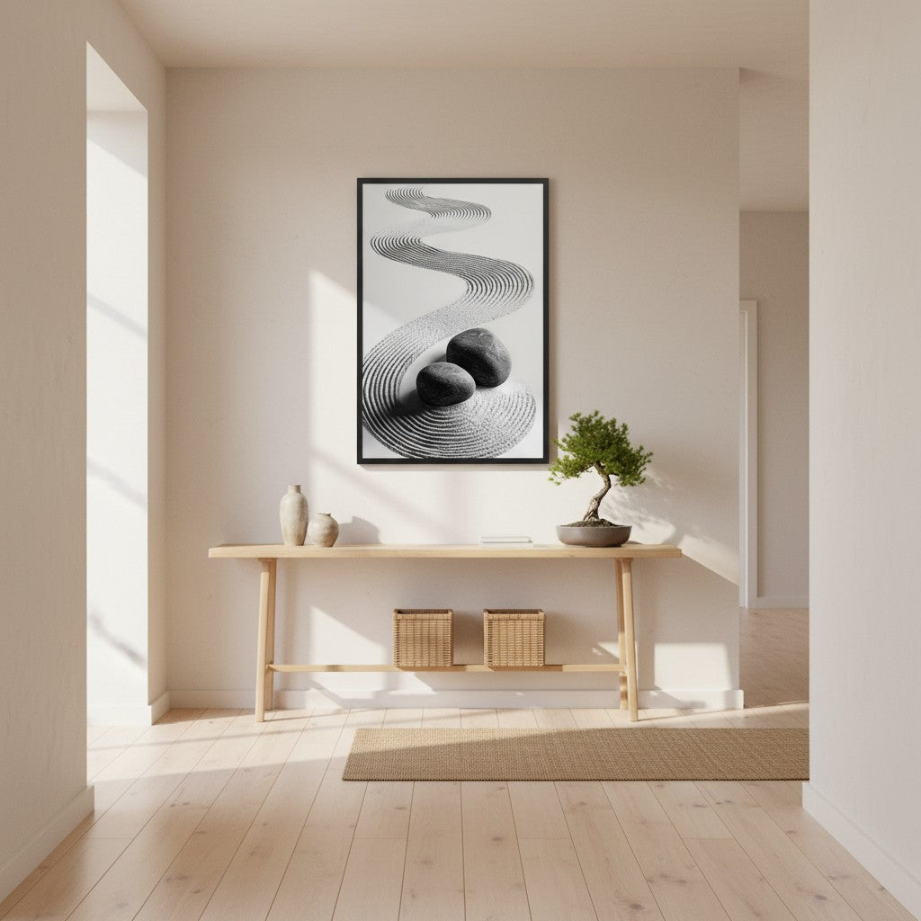 Pebble Garden — Japandi zen nature wall art in a hallway setting