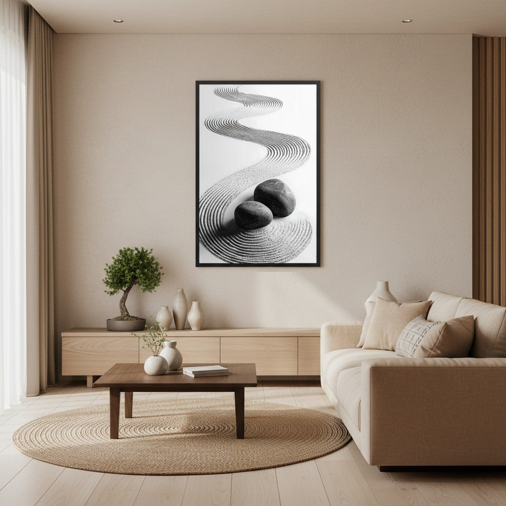 Pebble Garden — Japandi zen nature wall art in a living room setting